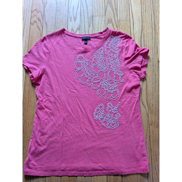Talbots Pink Short-Sleeve Embellished T-Shirt White Beaded Floral Design M - Picture 4 of 4
